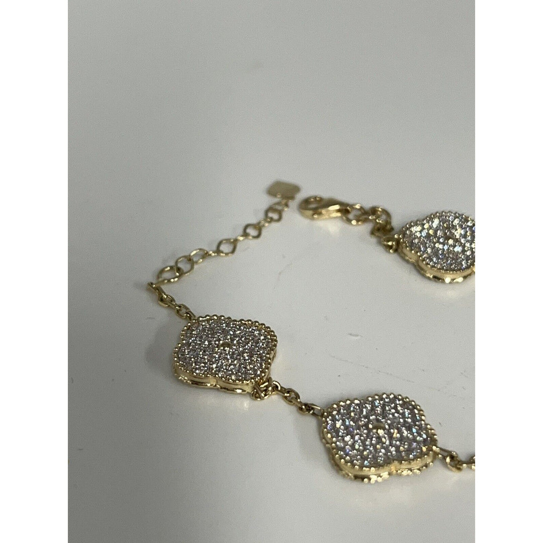 Fashion 14k Gold And Zirconia Solid Flower Bracelet 7.5”