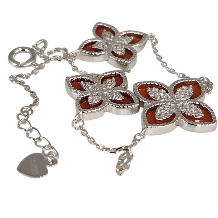 Pretty 925 Sterling Silver Red Clovers Floral bracelet 7.5 "