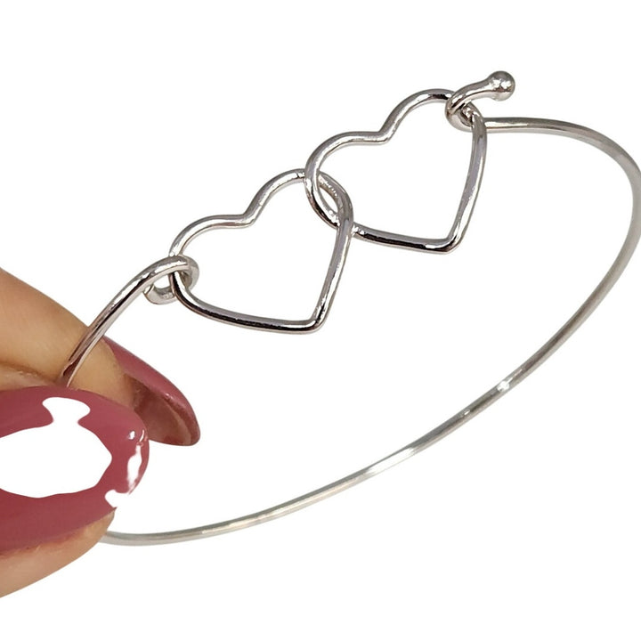925 Sterling Silver Double Heart Bangle Bracelet