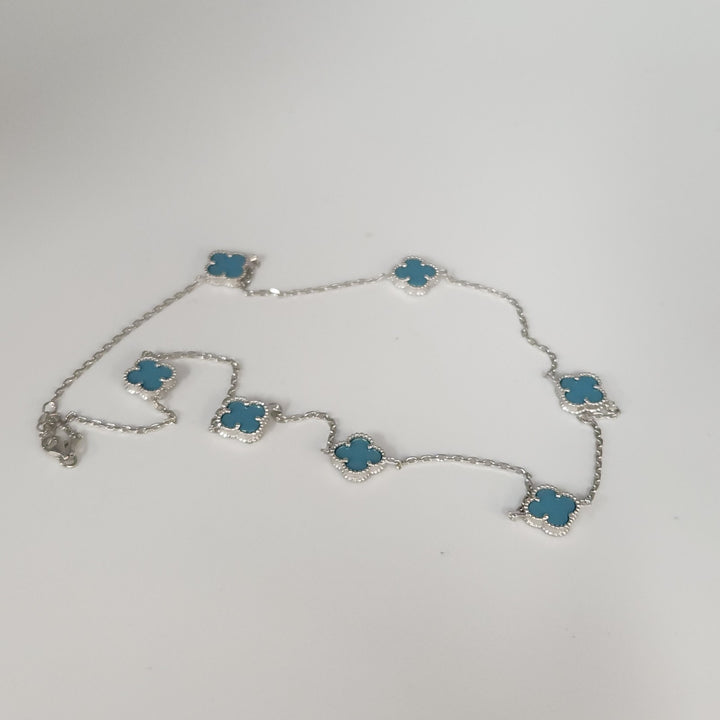Chic Silver Turquoise Clover Motifs Necklace 21"