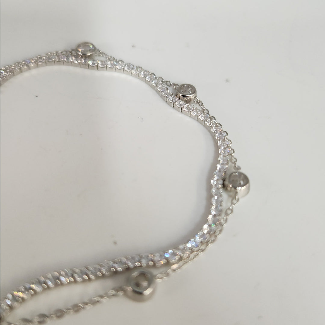 925 Sterling Silver Double layer Tennis & Bezel Set CZ bracelet 8"