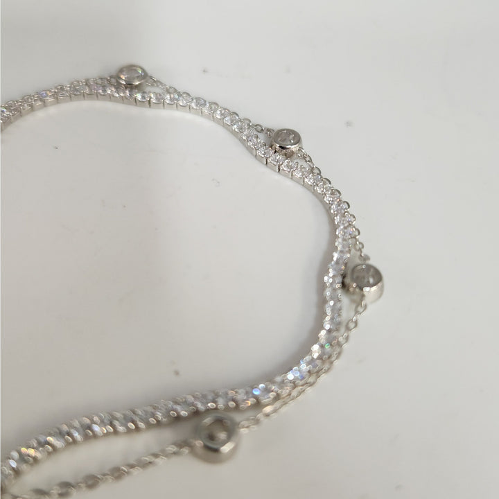 925 Sterling Silver Double layer Tennis & Bezel Set CZ bracelet 8"