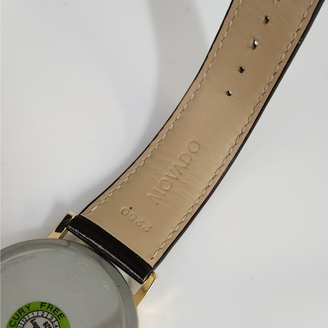 Movado Museum Classic Swiss Made Watch Blue Dial Gold -Tone Case, Brown Leather Strap Box & Tag