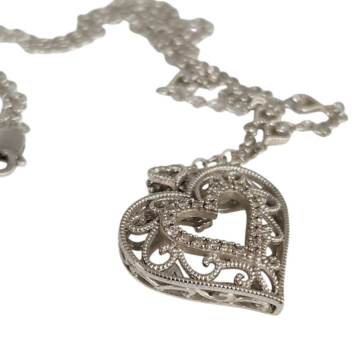 925 Sterling Silver Vintage Filigree Open Heart Pendant Necklace 18"
