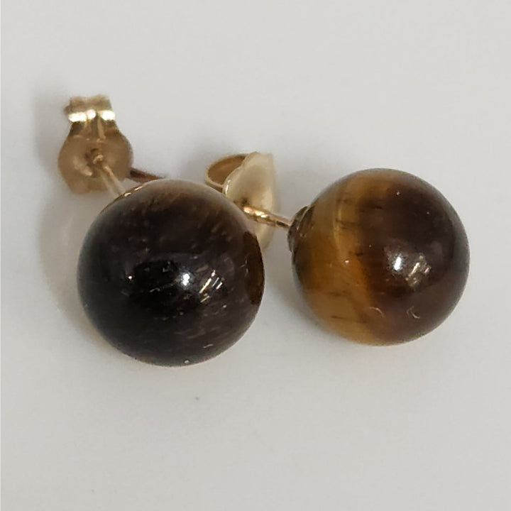 14k Yellow Gold Tiger's Eye Round Ball Stud Earrings