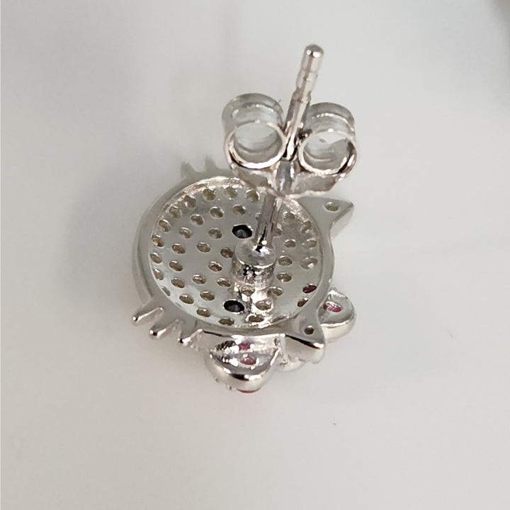 925 Sterling Silver Hello Kitty Style Earrings W/ CZ & Ruby Accent Sparkle Studs