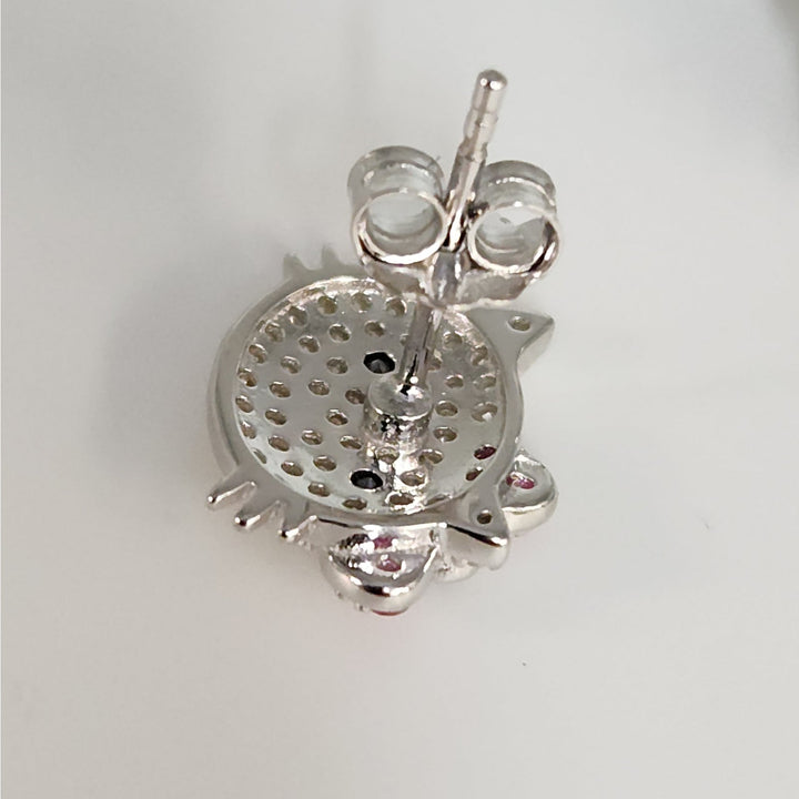 925 Sterling Silver Hello Kitty Style Earrings W/ CZ & Ruby Accent Sparkle Studs