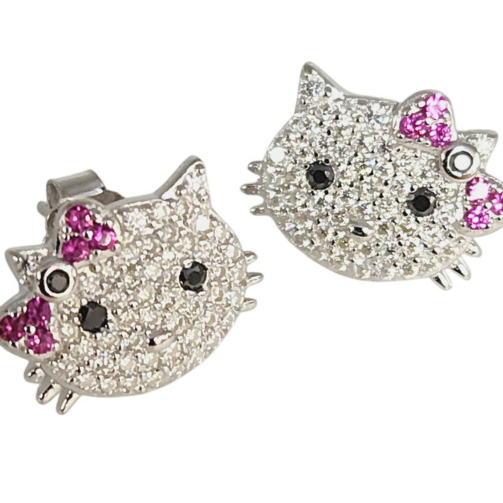 925 Sterling Silver Hello Kitty Style Earrings W/ CZ & Ruby Accent Sparkle Studs