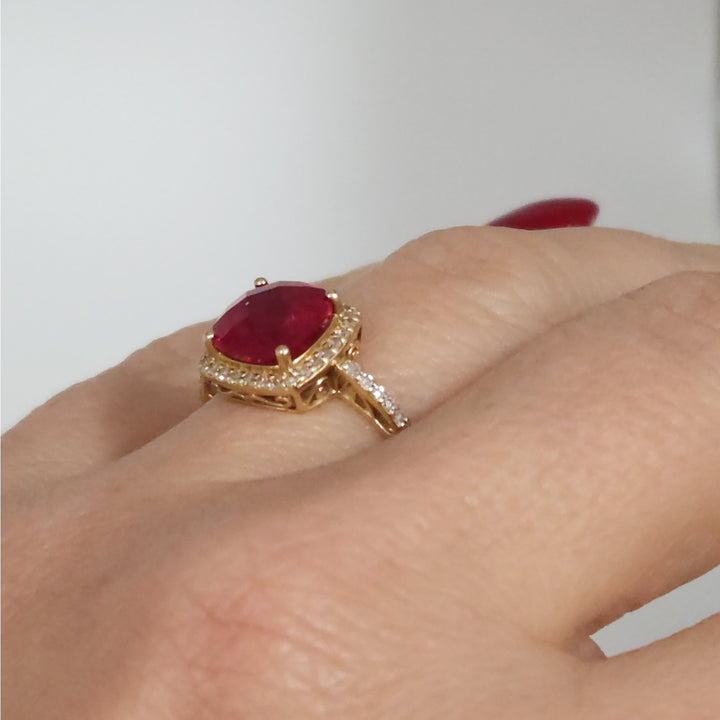 Vintage 14k Cushion Cut Ruby & Diamond Halo  Ring size 6.75