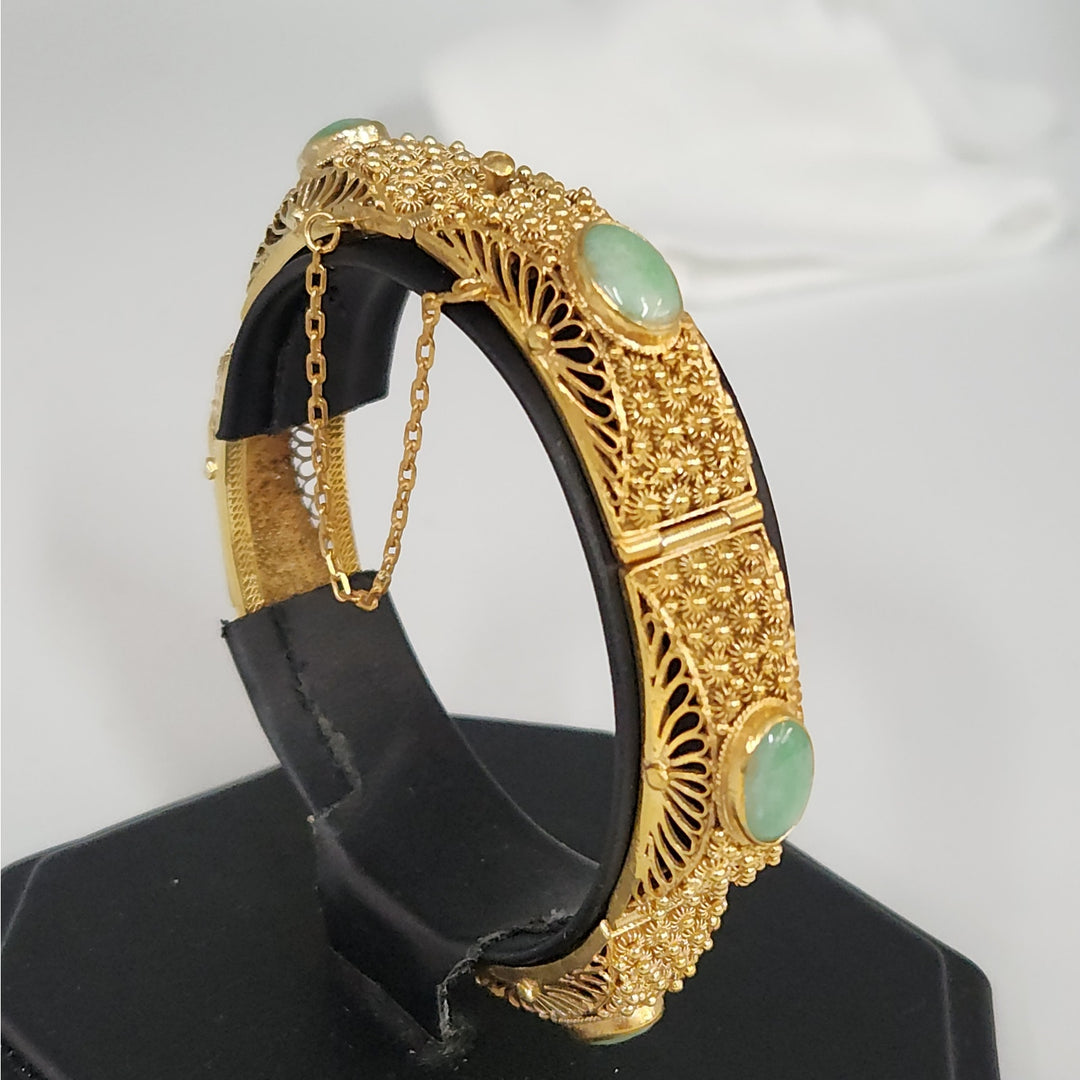 Vintage Natural Jade Gold-Plated Sterling Silver Filigree Hinged Bangle Bracelet