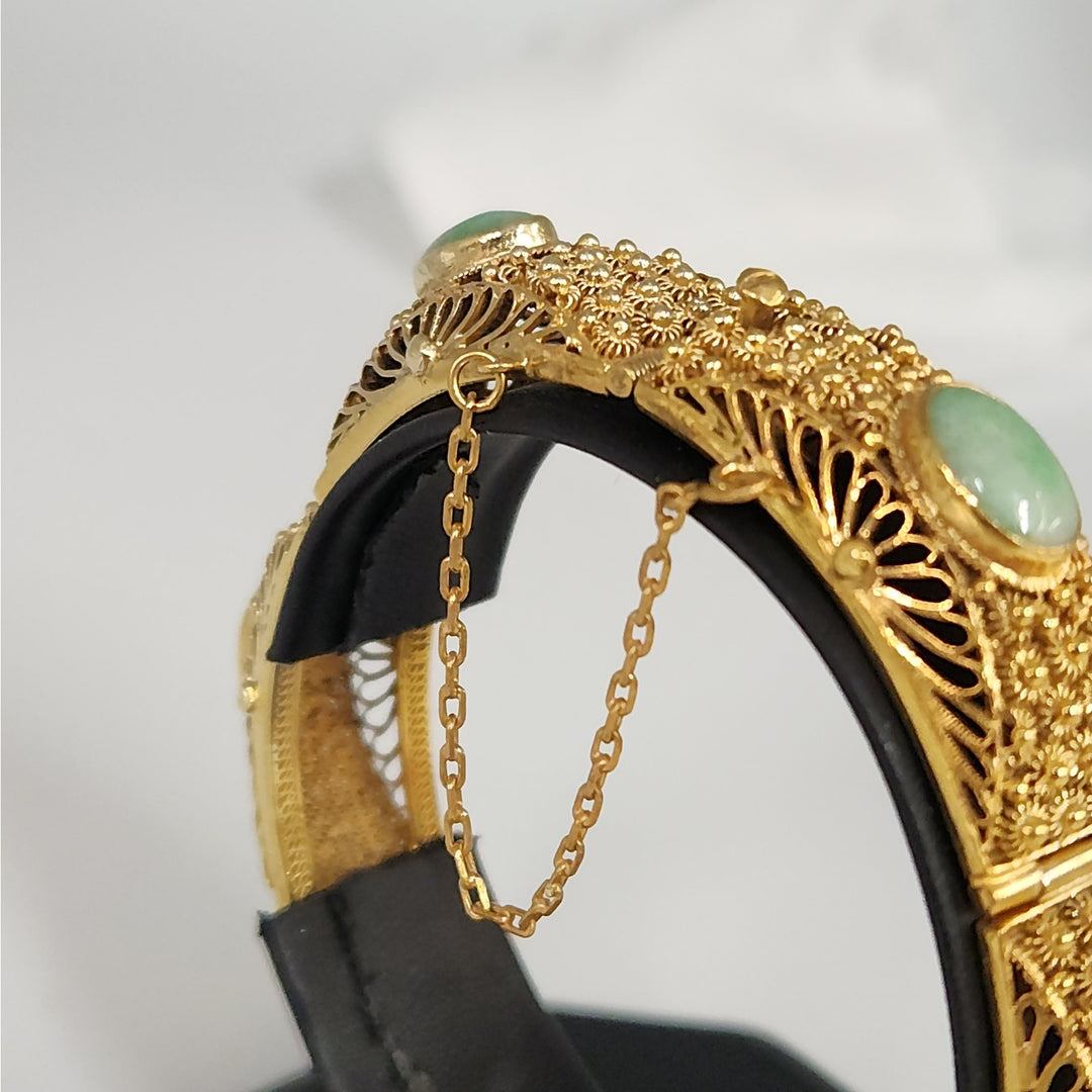 Vintage Natural Jade Gold-Plated Sterling Silver Filigree Hinged Bangle Bracelet