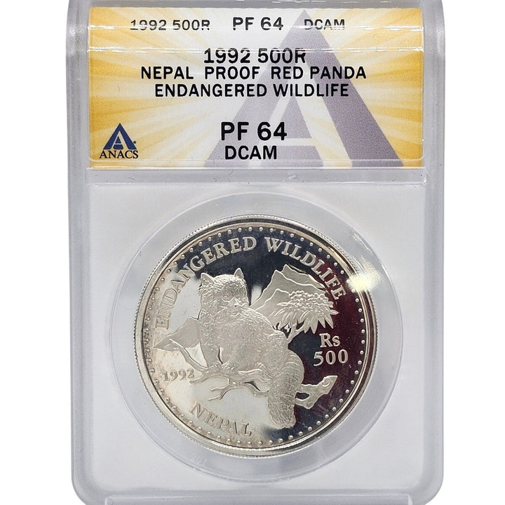 1992 Nepal 500 Rupees Red Panda Endangered Wildlife ANACS PF 64 DCAM Silver Coin