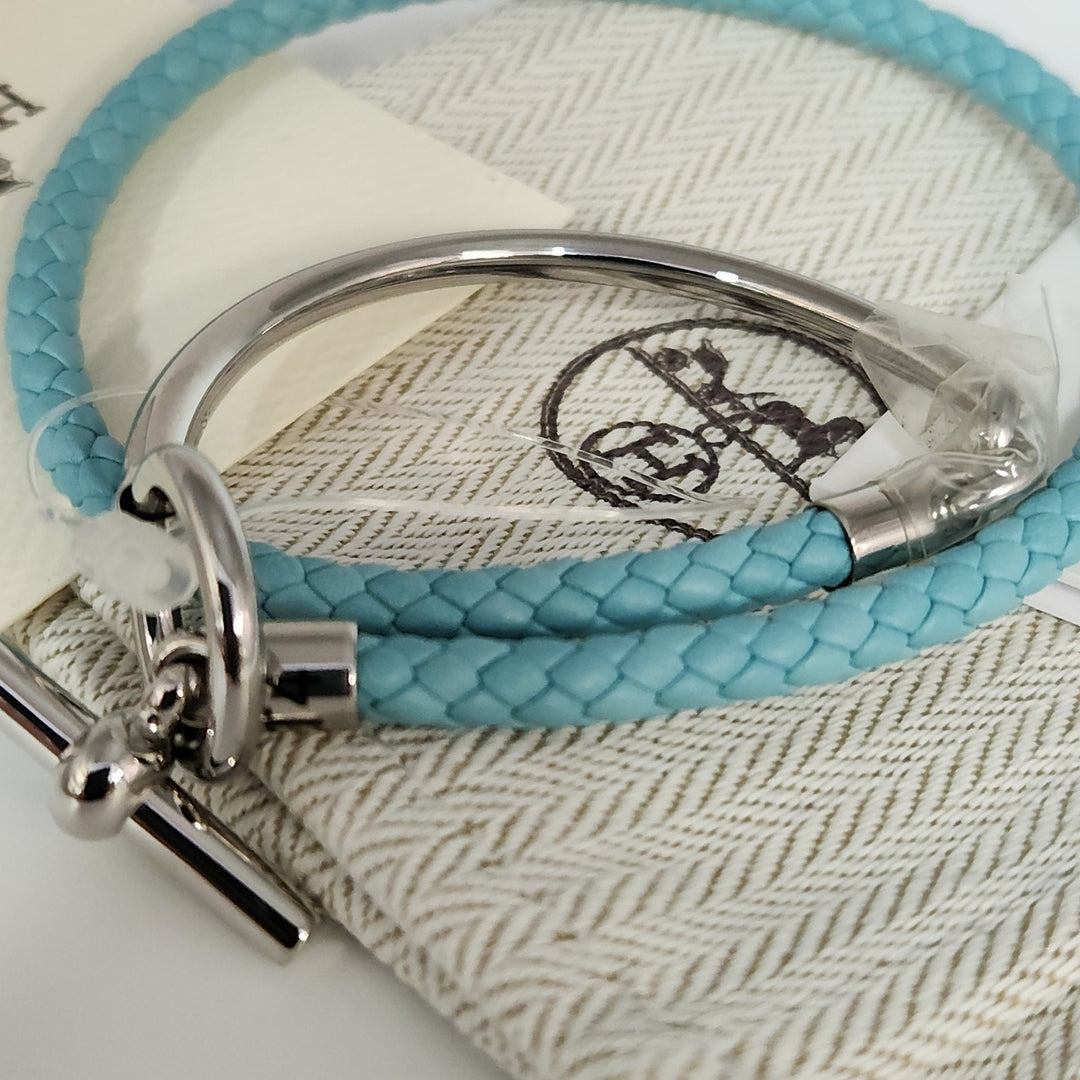 New Hermes Blue Glenan H Link Double Tour Calfskin Size T4 Bracelet