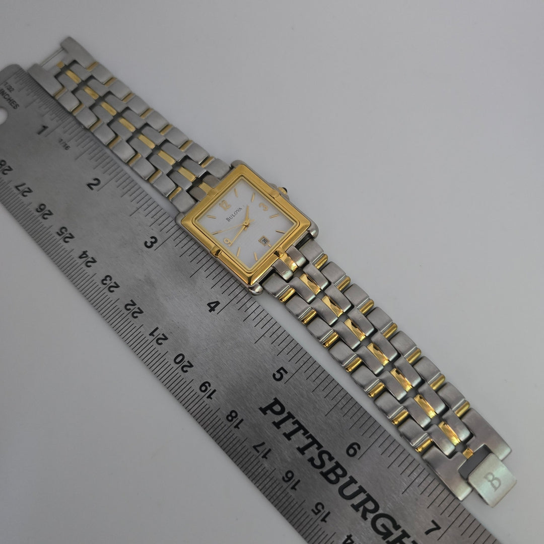 Bulova 98G60 Men's Two Tone Stainless Quartz Square Date Watch Japan Mvt w/ Box.