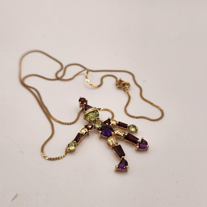 Whimsical 14k Yellow Gold Jester Natural Gemstones Pendant Necklace 16"