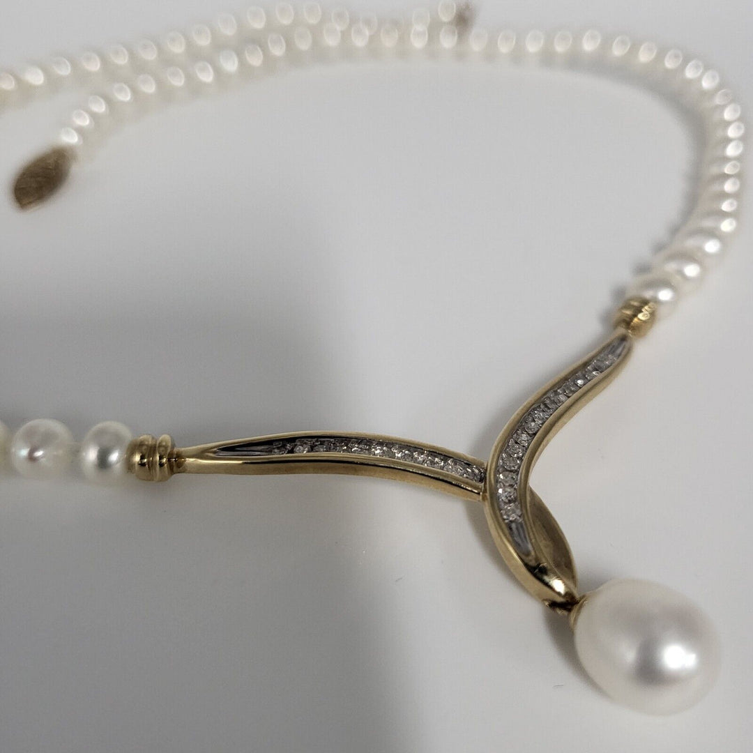 10k Yellow Gold Diamond With Pearls Necklace 18in