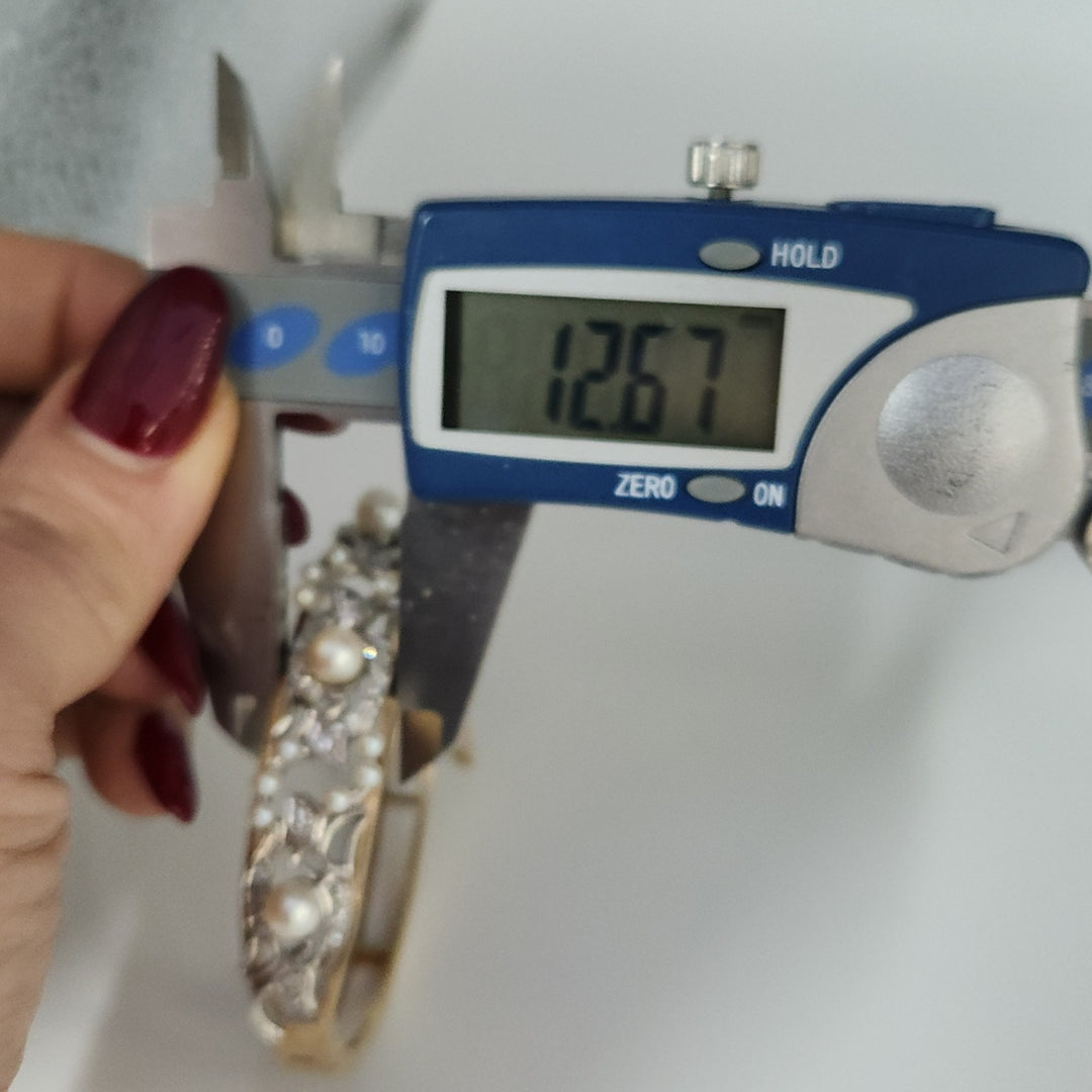 Vintage 14k Two Tone Gold Diamond Pearls Bangle Bracelet