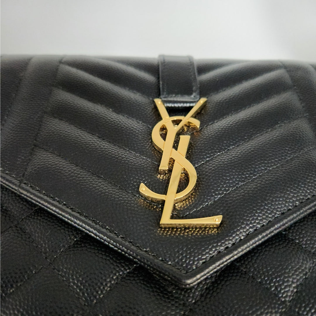 Saint Lauren YSL Black Quilted Envelope Wallet /Crossbody Bag W/ Gold Hardware