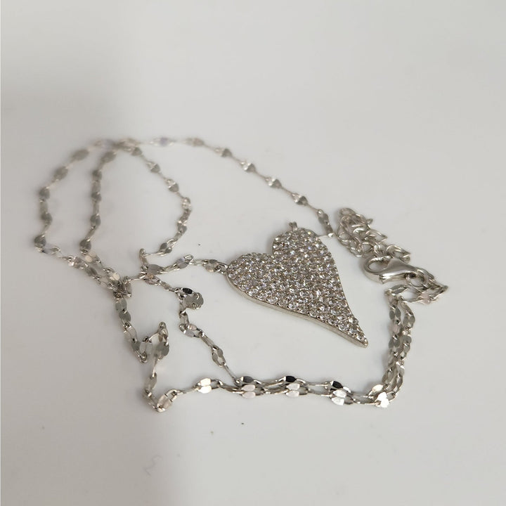 925 Sterling Silver Sparkling Pav'e Heart Necklace 18" Adjustable Chain