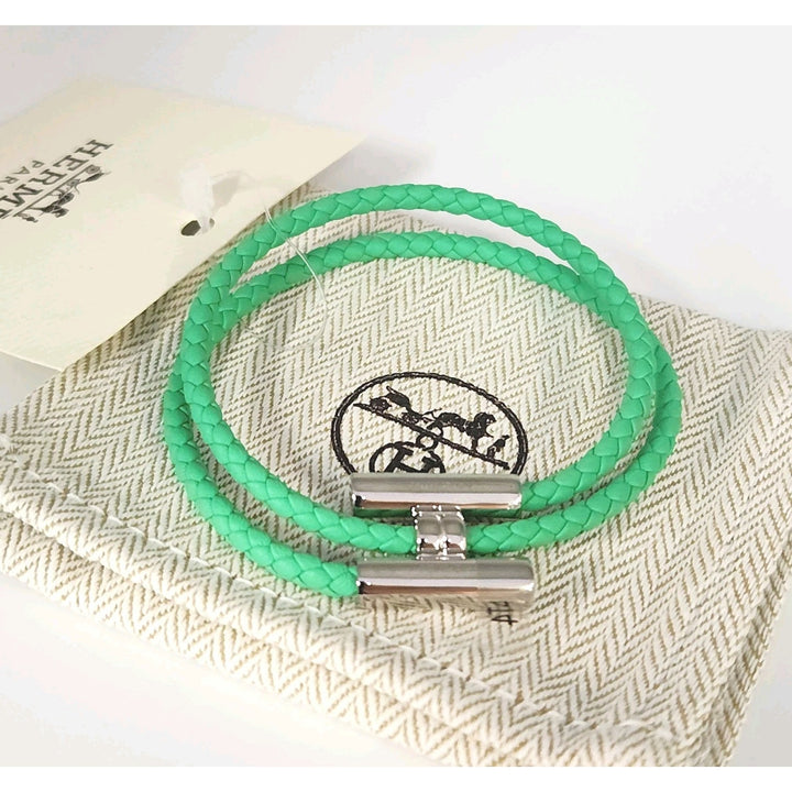 New Hermes Green Tournis Tresse Bracelet Swift Calfskin Authentic T4