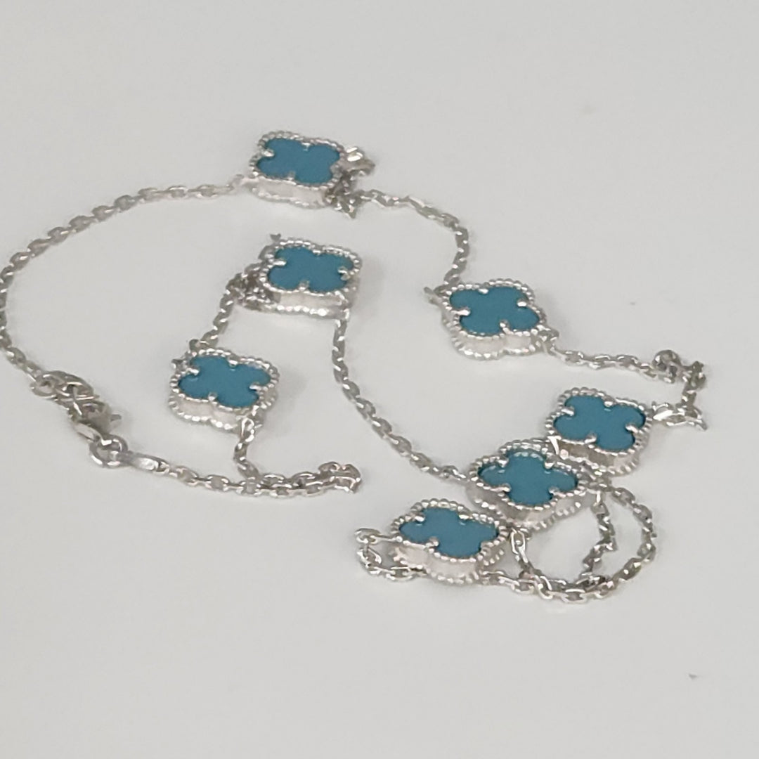 Chic Silver Turquoise Clover Motifs Necklace 21"