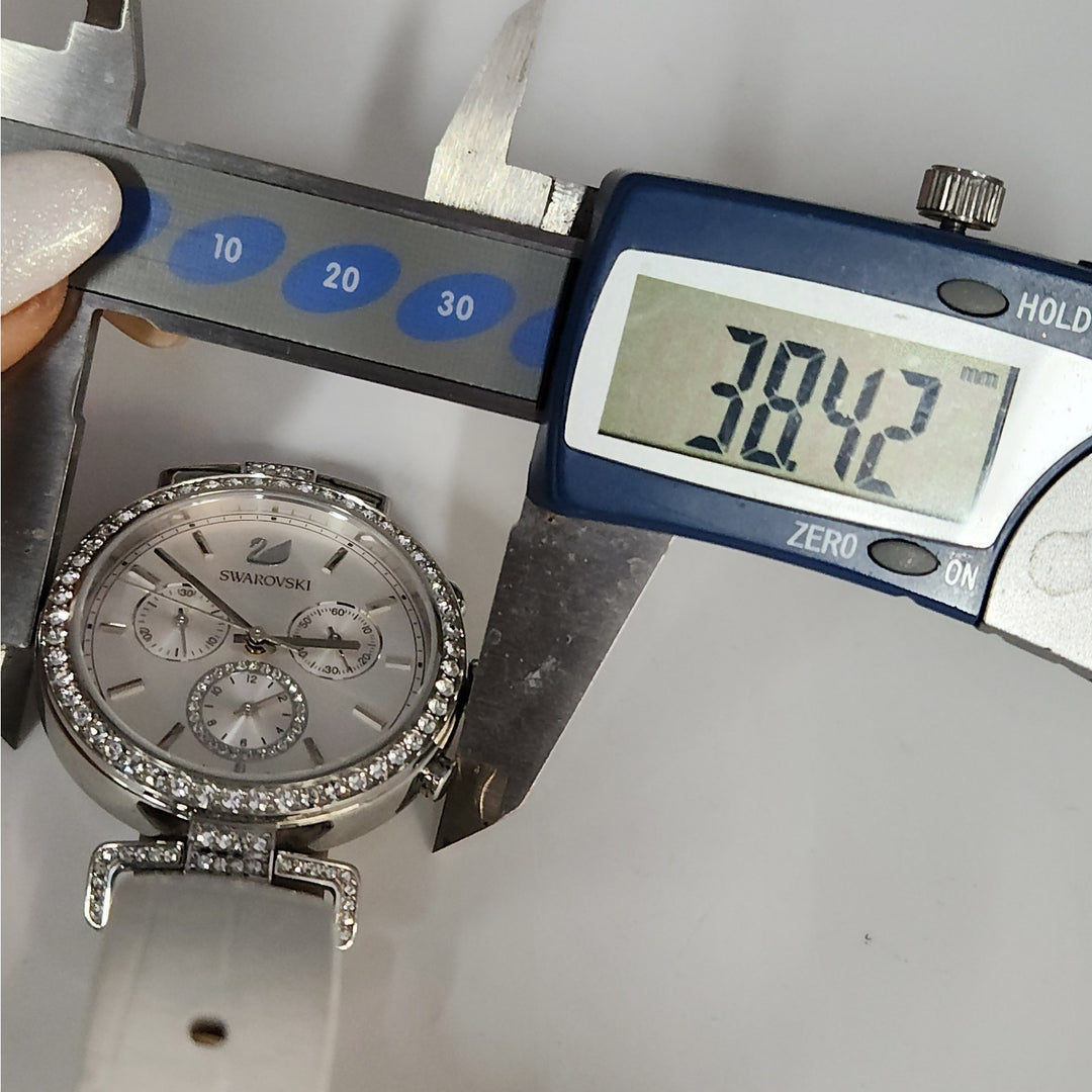 Swarovski Crystal Chronograph Stainless Steel White Leather Strap Watch