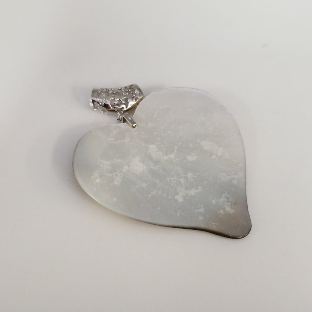 Artisan 925 Silver Mother Of Pearl Heart Pendant With Etched Floral Pattern