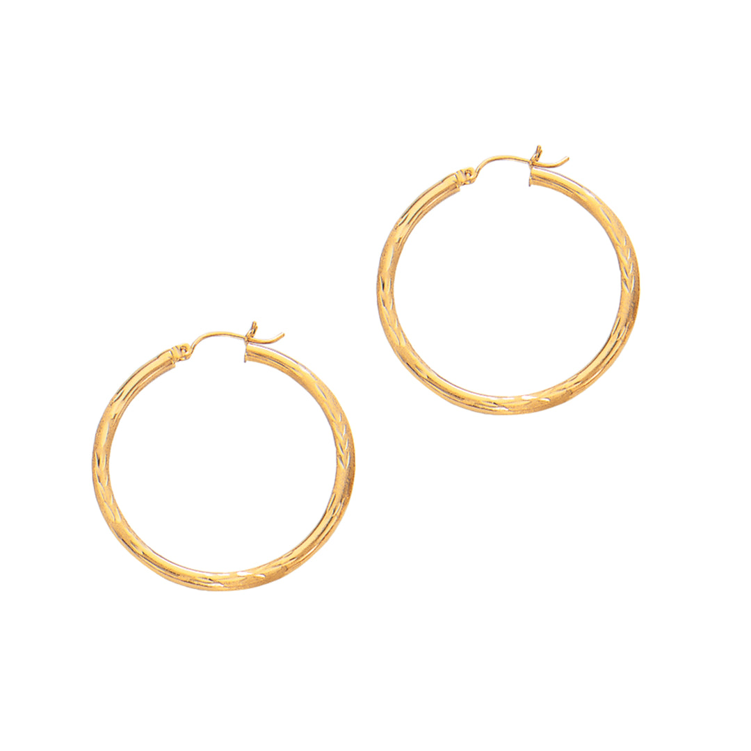 14K Yellow Gold 3mm Diamond Cut & Polished Design Hoop Earring