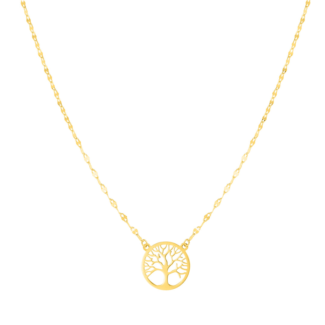 14K Gold Tree of Life on Mirror Chain Necklace