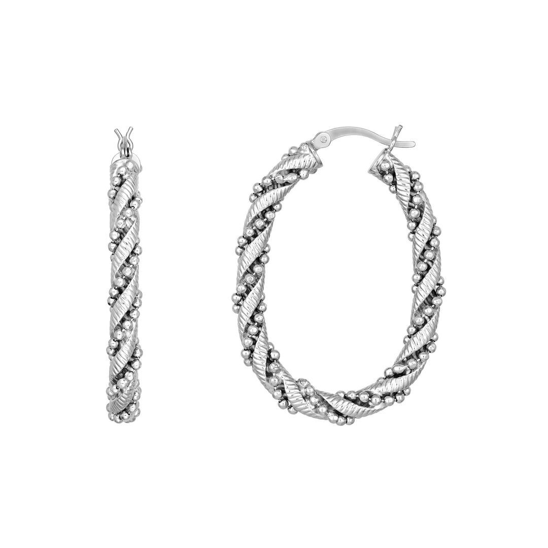 Sterling Silver Beaded and Textured Twisted Hoop Earrings